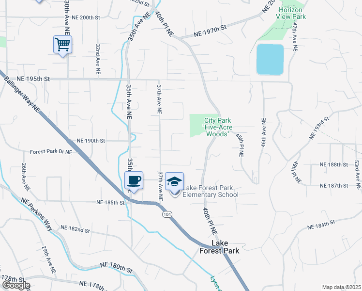 map of restaurants, bars, coffee shops, grocery stores, and more near 3836 Northeast 189th Place in Lake Forest Park