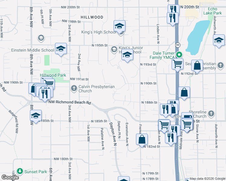 map of restaurants, bars, coffee shops, grocery stores, and more near 309 North 188th Street in Shoreline