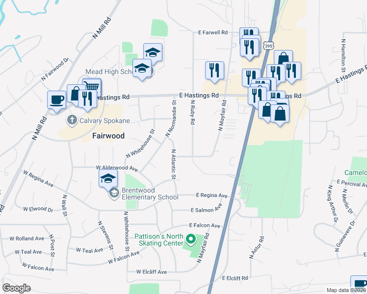 map of restaurants, bars, coffee shops, grocery stores, and more near 11903 North Ruby Road in Spokane