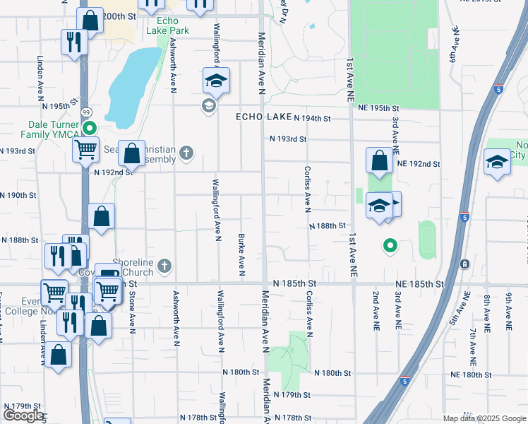map of restaurants, bars, coffee shops, grocery stores, and more near 18821 Meridian Avenue North in Shoreline