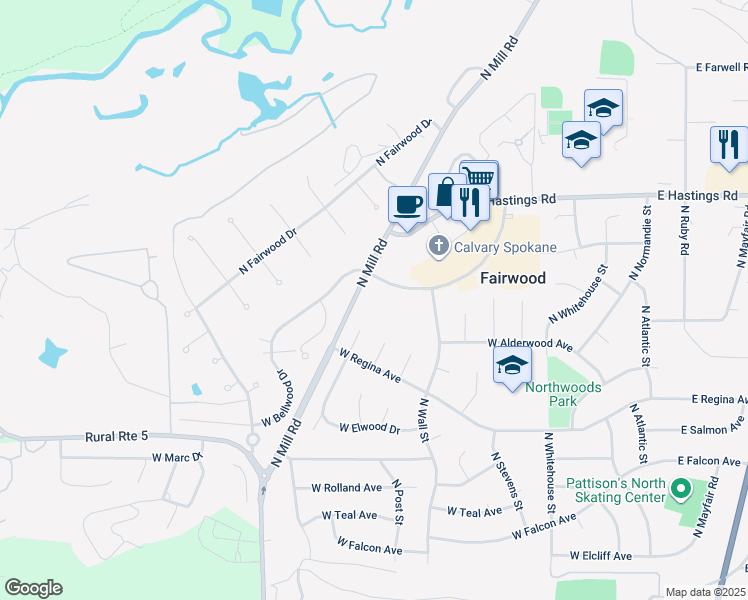 map of restaurants, bars, coffee shops, grocery stores, and more near 815 West Bellwood Drive in Spokane