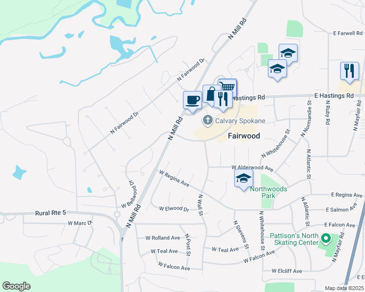 map of restaurants, bars, coffee shops, grocery stores, and more near 815 West Bellwood Drive in Spokane