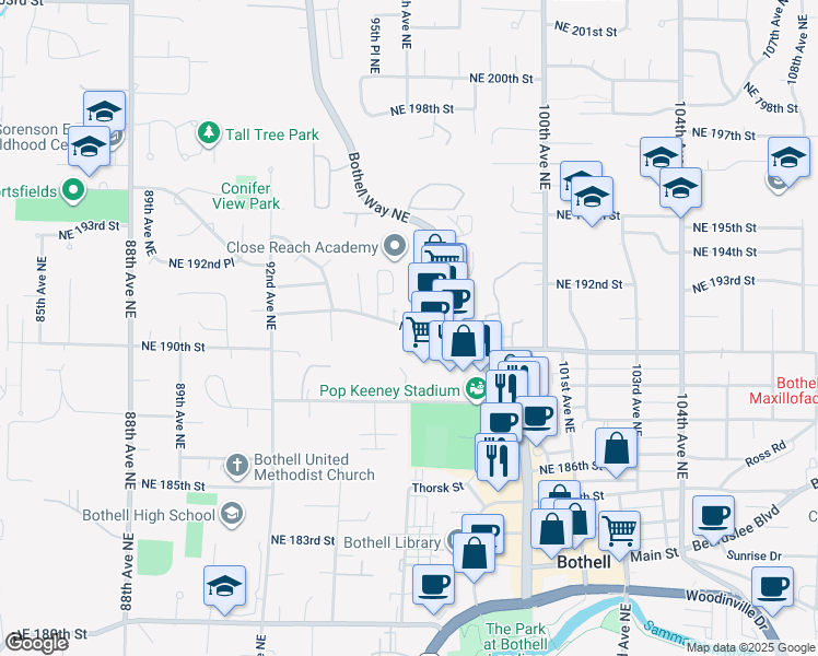 map of restaurants, bars, coffee shops, grocery stores, and more near 9611 Northeast 191st Street in Bothell