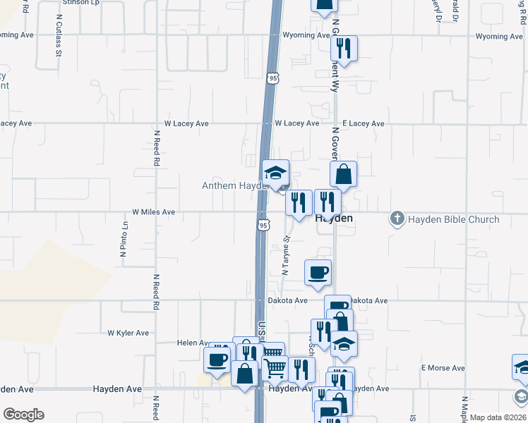 map of restaurants, bars, coffee shops, grocery stores, and more near U.S. 95 in Hayden