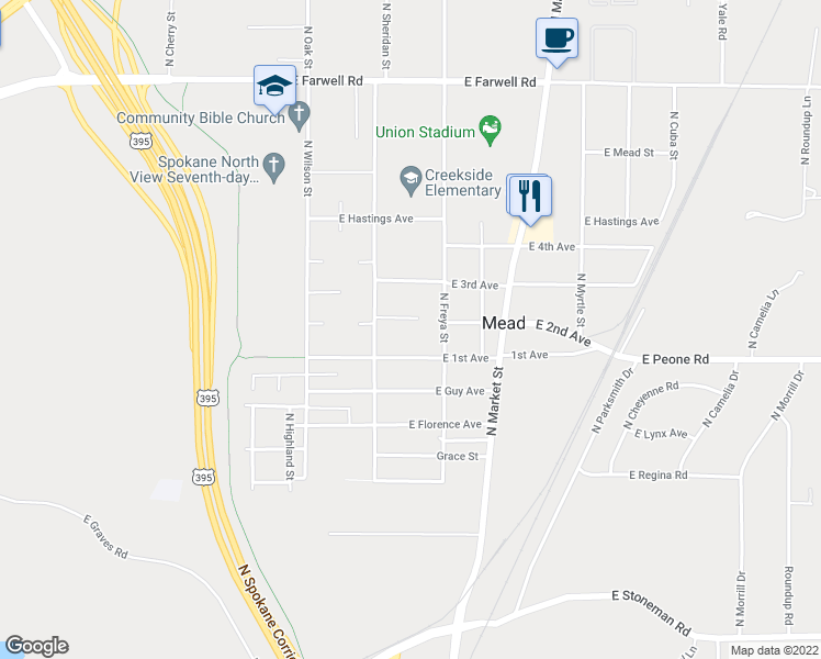 map of restaurants, bars, coffee shops, grocery stores, and more near 3524 East 2nd Court in Mead