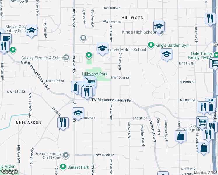 map of restaurants, bars, coffee shops, grocery stores, and more near in Shoreline
