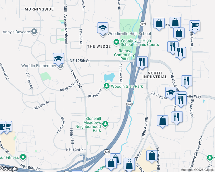 map of restaurants, bars, coffee shops, grocery stores, and more near 13426 Northeast 190th Place in Woodinville
