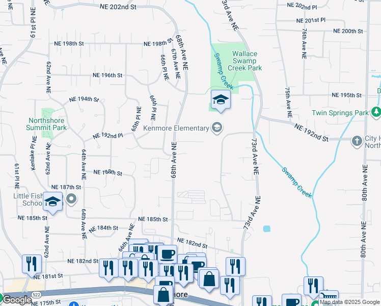 map of restaurants, bars, coffee shops, grocery stores, and more near 19010 68th Avenue Northeast in Kenmore