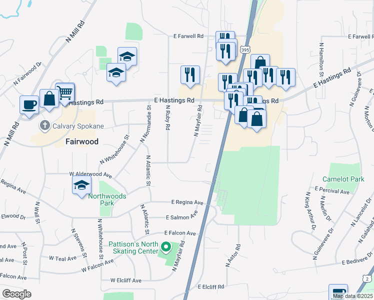 map of restaurants, bars, coffee shops, grocery stores, and more near 11921 North Mayfair Road in Spokane