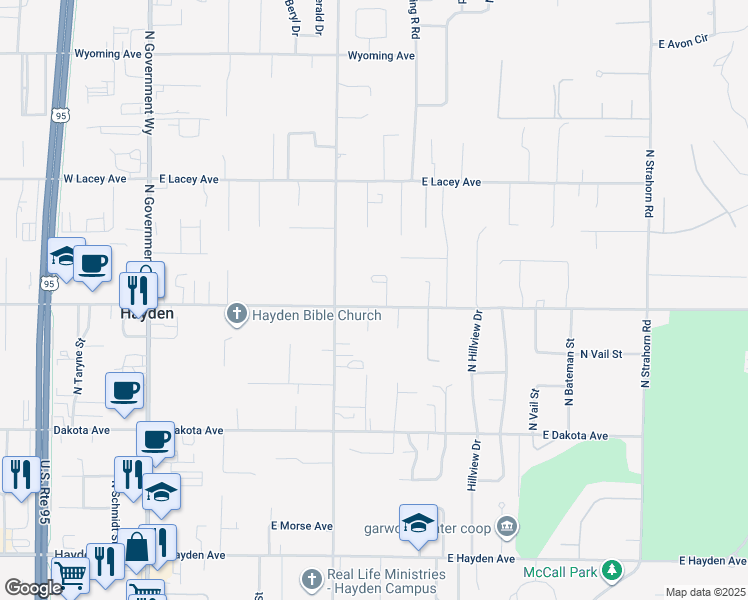 map of restaurants, bars, coffee shops, grocery stores, and more near 717 East Miles Avenue in Hayden