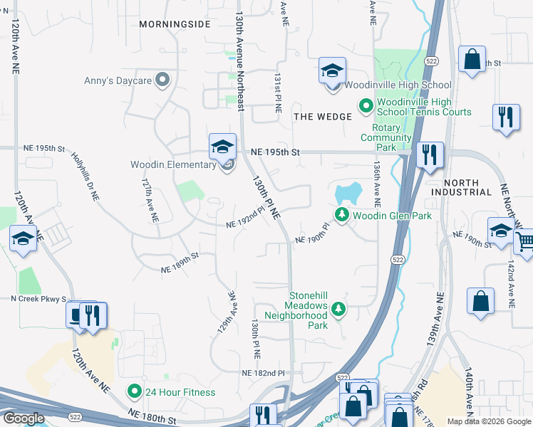 map of restaurants, bars, coffee shops, grocery stores, and more near 19158 130th Court Northeast in Bothell