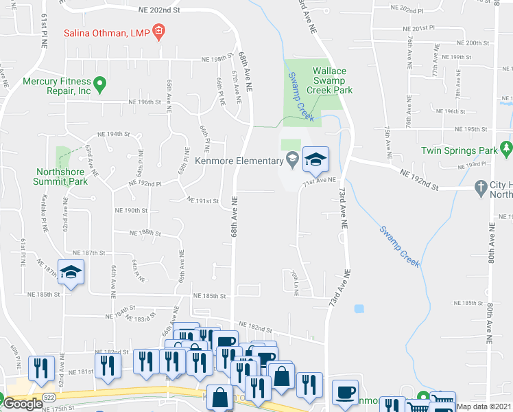 map of restaurants, bars, coffee shops, grocery stores, and more near 19010 68th Avenue Northeast in Kenmore