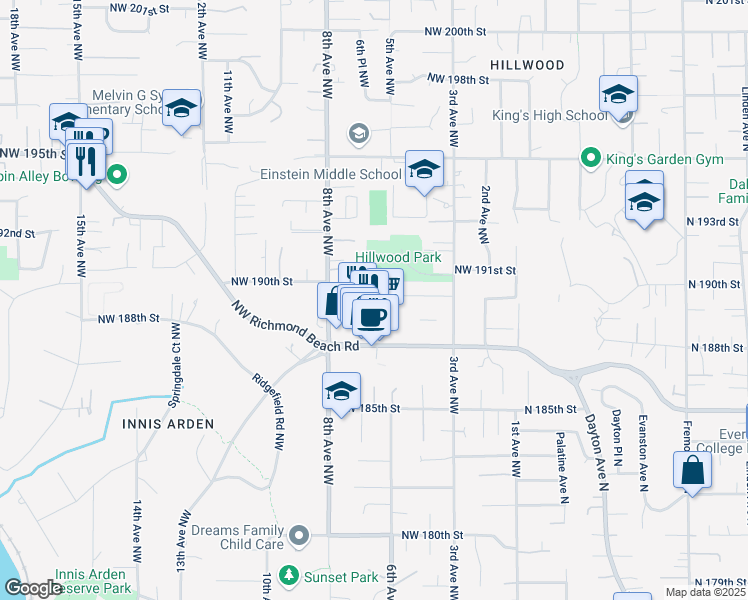 map of restaurants, bars, coffee shops, grocery stores, and more near 18906 8th Avenue Northwest in Shoreline