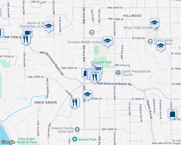 map of restaurants, bars, coffee shops, grocery stores, and more near 630 Northwest Richmond Beach Road in Shoreline