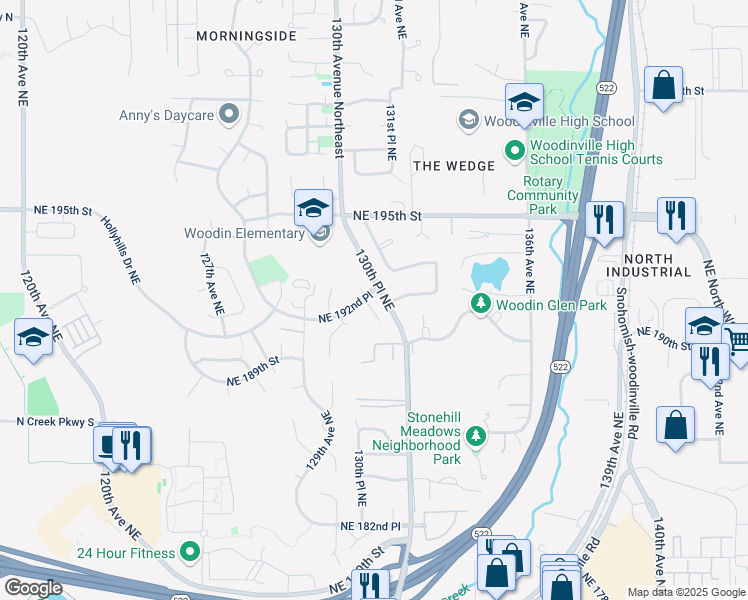 map of restaurants, bars, coffee shops, grocery stores, and more near 19158 130th Court Northeast in Bothell