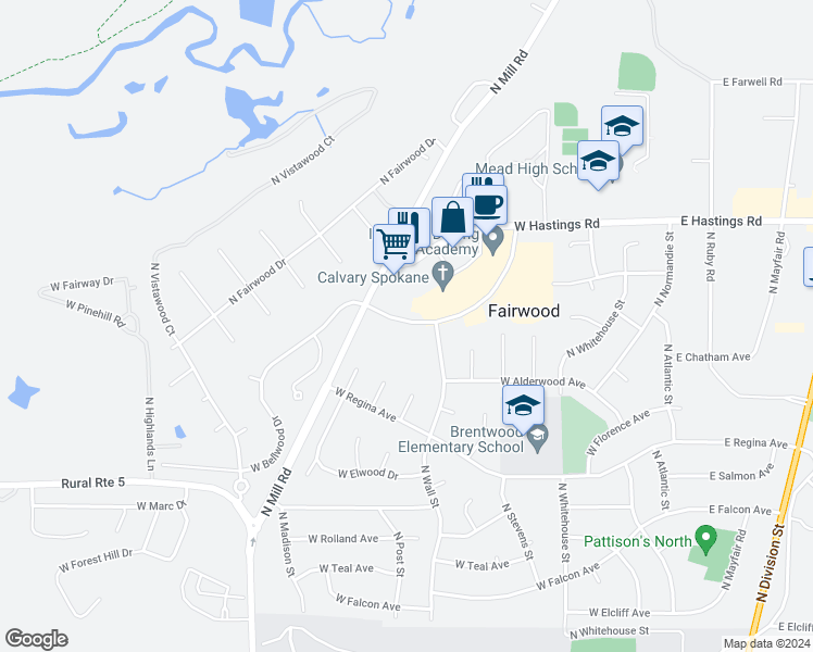 map of restaurants, bars, coffee shops, grocery stores, and more near 705 West Bellwood Drive in Spokane