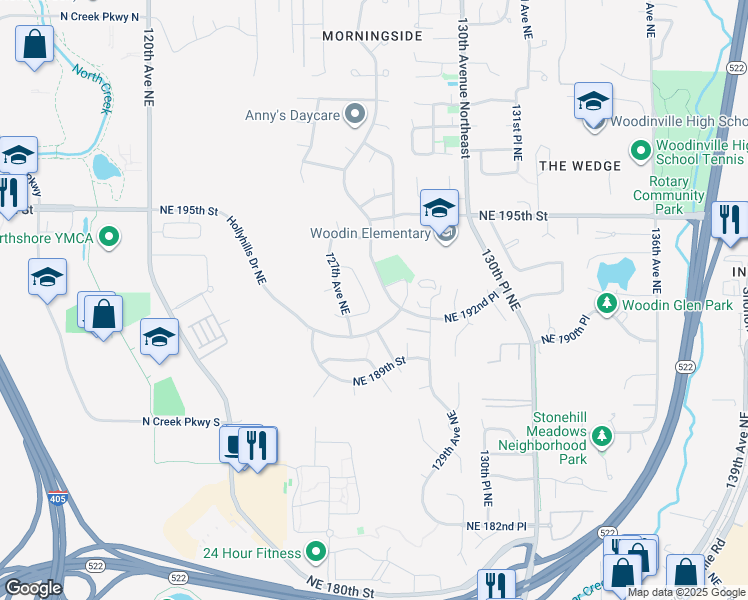map of restaurants, bars, coffee shops, grocery stores, and more near 19220 128th Place Northeast in Bothell