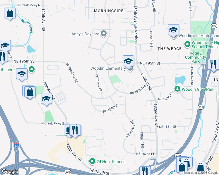 map of restaurants, bars, coffee shops, grocery stores, and more near 12727 Northeast 192nd Place in Bothell