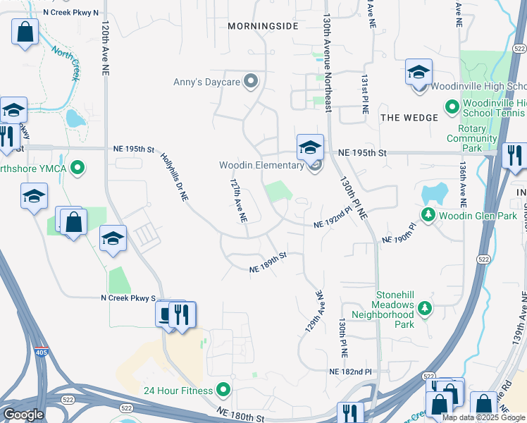 map of restaurants, bars, coffee shops, grocery stores, and more near 19220 128th Place Northeast in Bothell