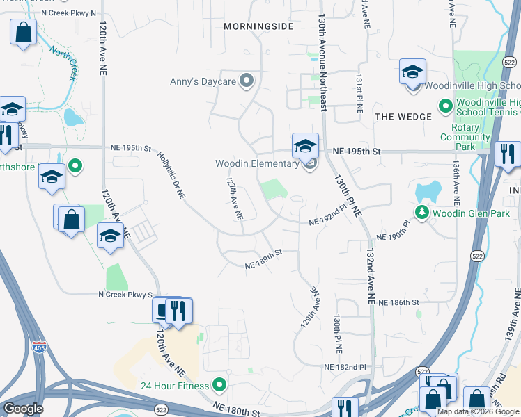 map of restaurants, bars, coffee shops, grocery stores, and more near 12727 Northeast 192nd Place in Bothell