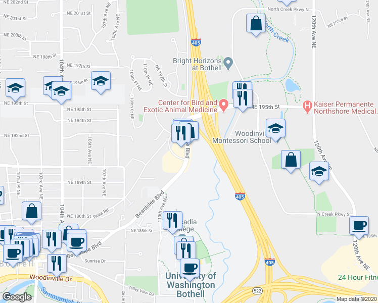 map of restaurants, bars, coffee shops, grocery stores, and more near 19017 Beardslee Boulevard in Bothell