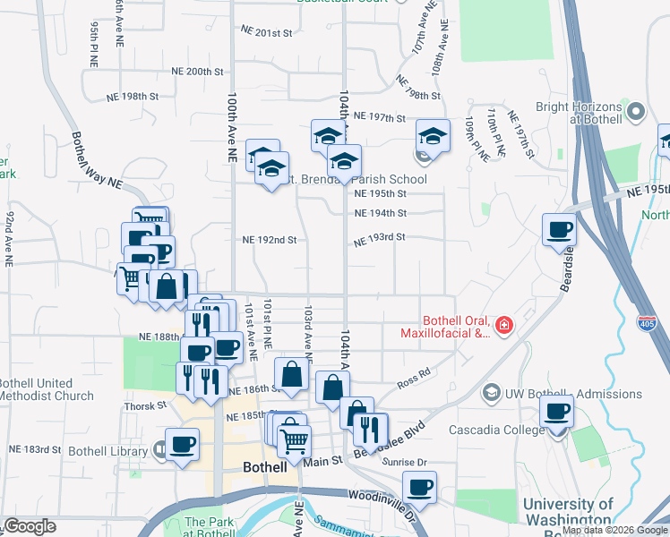 map of restaurants, bars, coffee shops, grocery stores, and more near 19011 104th Avenue Northeast in Bothell