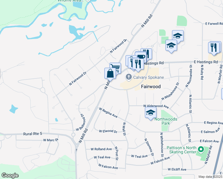 map of restaurants, bars, coffee shops, grocery stores, and more near 815 West Bellwood Drive in Spokane