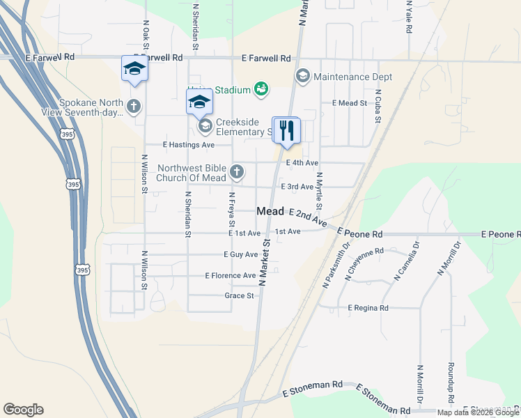 map of restaurants, bars, coffee shops, grocery stores, and more near in Mead