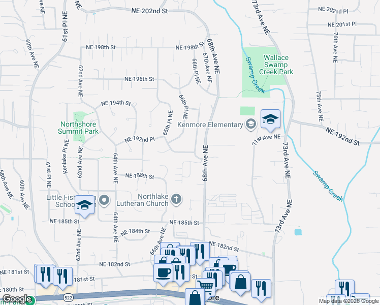 map of restaurants, bars, coffee shops, grocery stores, and more near 18915 67th Avenue Northeast in Kenmore