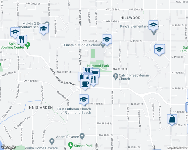 map of restaurants, bars, coffee shops, grocery stores, and more near 600 Northwest Richmond Beach Road in Shoreline