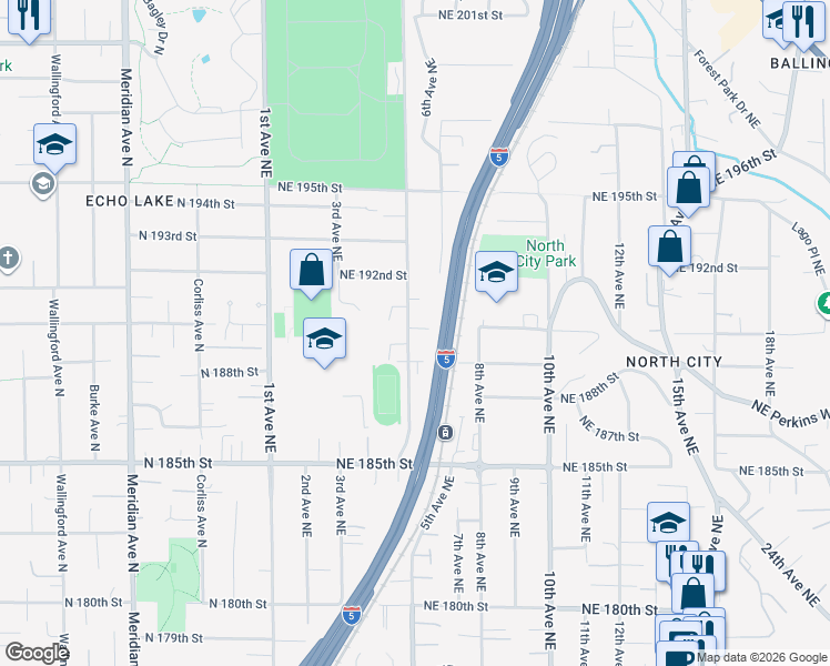 map of restaurants, bars, coffee shops, grocery stores, and more near 18926 5th Avenue Northeast in Shoreline