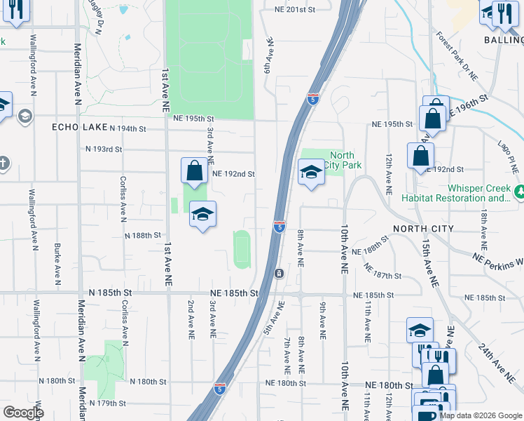 map of restaurants, bars, coffee shops, grocery stores, and more near 18926 5th Avenue Northeast in Shoreline