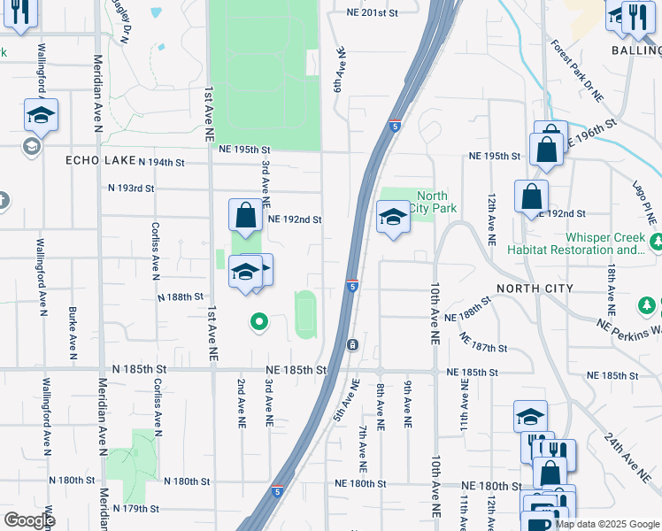 map of restaurants, bars, coffee shops, grocery stores, and more near 514 Northeast 189th Street in Shoreline