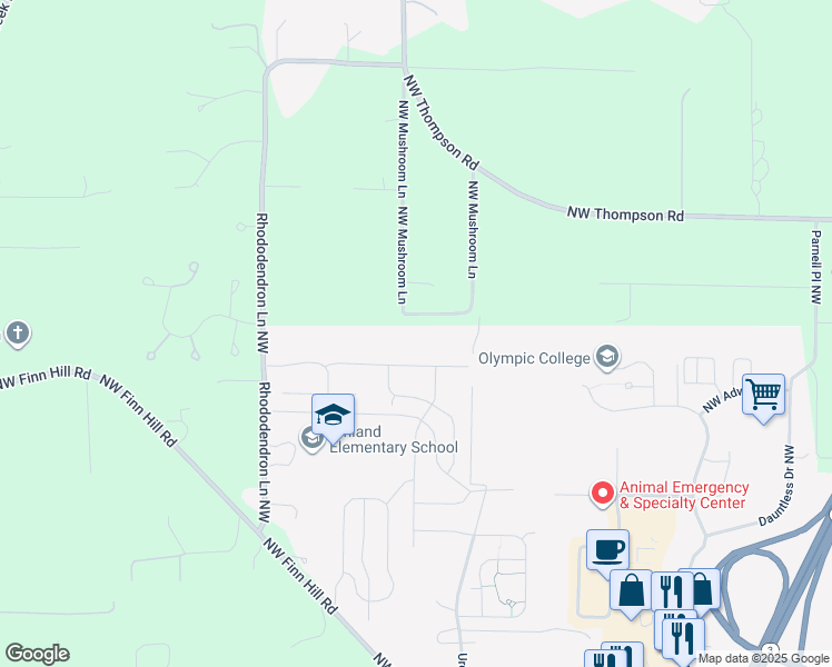 map of restaurants, bars, coffee shops, grocery stores, and more near 1447 Northwest Mushroom Lane in Poulsbo