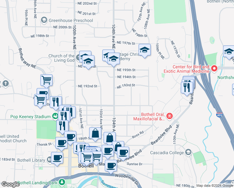 map of restaurants, bars, coffee shops, grocery stores, and more near 10408 Northeast 190th Street in Bothell