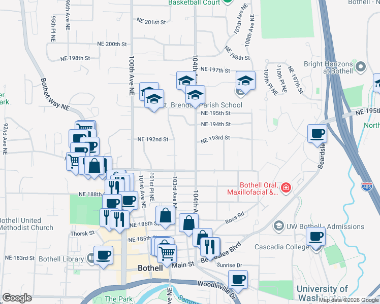 map of restaurants, bars, coffee shops, grocery stores, and more near 19011 104th Avenue Northeast in Bothell