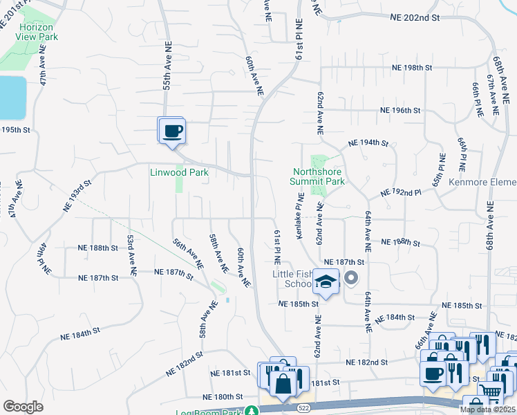 map of restaurants, bars, coffee shops, grocery stores, and more near 6115 Northeast 190th Street in Kenmore