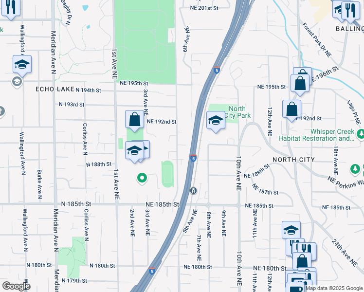 map of restaurants, bars, coffee shops, grocery stores, and more near 514 Northeast 189th Street in Shoreline