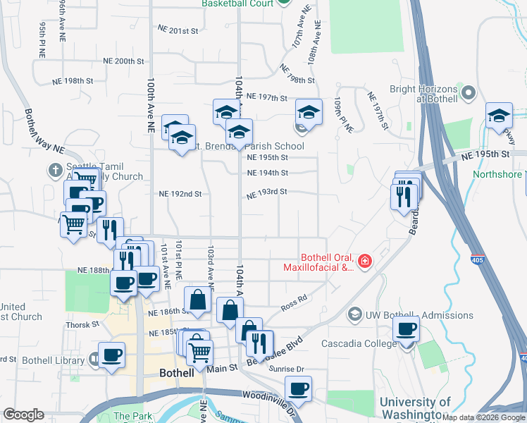 map of restaurants, bars, coffee shops, grocery stores, and more near 19036 104th Avenue Northeast in Bothell