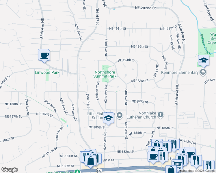 map of restaurants, bars, coffee shops, grocery stores, and more near 19012 62nd Avenue Northeast in Kenmore