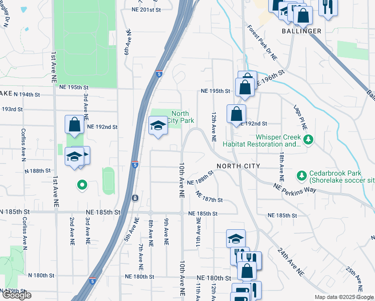 map of restaurants, bars, coffee shops, grocery stores, and more near 19040 10th Avenue Northeast in Shoreline