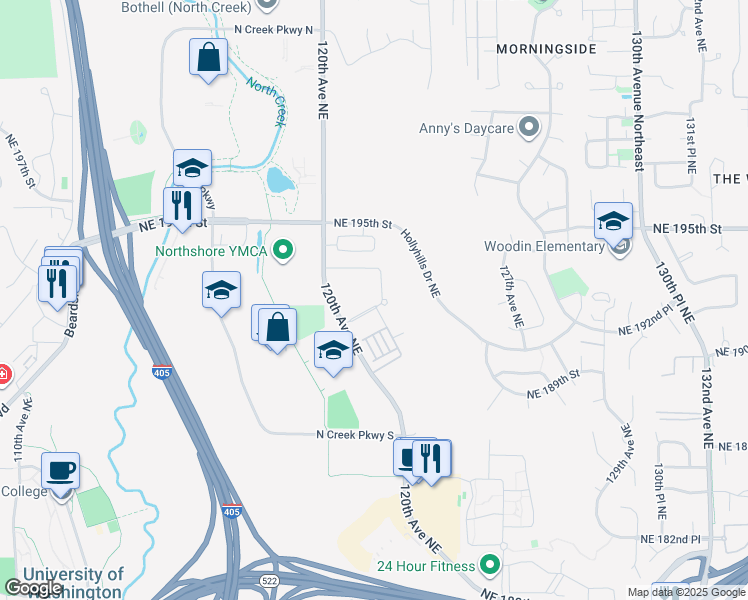 map of restaurants, bars, coffee shops, grocery stores, and more near 12126 NE 191st Street in Bothell