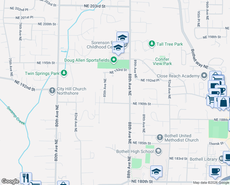 map of restaurants, bars, coffee shops, grocery stores, and more near 19057 86th Avenue Northeast in Bothell