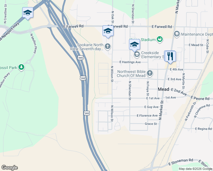 map of restaurants, bars, coffee shops, grocery stores, and more near 3300 East 3rd Court in Mead
