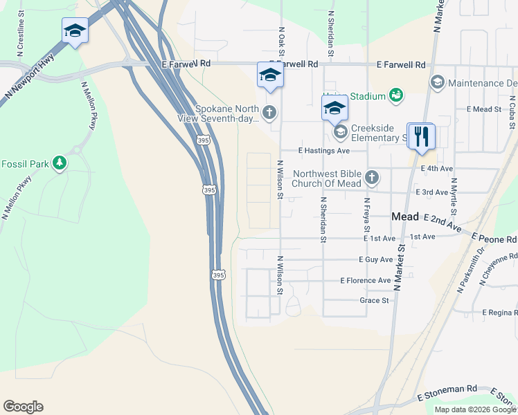map of restaurants, bars, coffee shops, grocery stores, and more near 3300 East 3rd Court in Mead