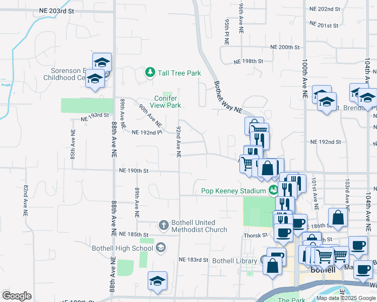 map of restaurants, bars, coffee shops, grocery stores, and more near 9216 Northeast 192nd Street in Bothell