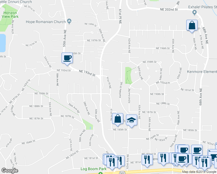 map of restaurants, bars, coffee shops, grocery stores, and more near 19121 61st Place Northeast in Kenmore
