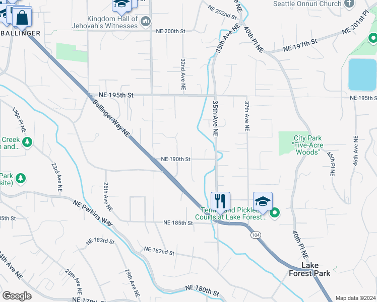map of restaurants, bars, coffee shops, grocery stores, and more near 19032 32nd Avenue Northeast in Lake Forest Park