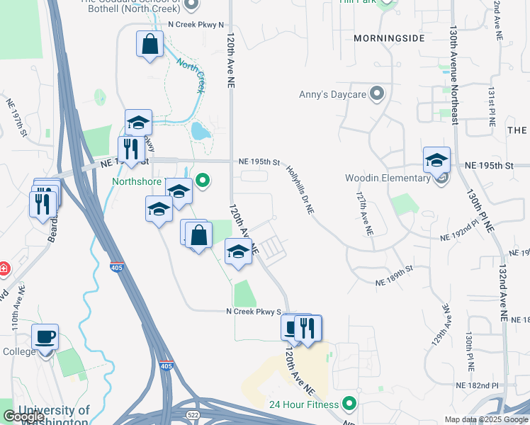 map of restaurants, bars, coffee shops, grocery stores, and more near 12126 NE 191st Street in Bothell