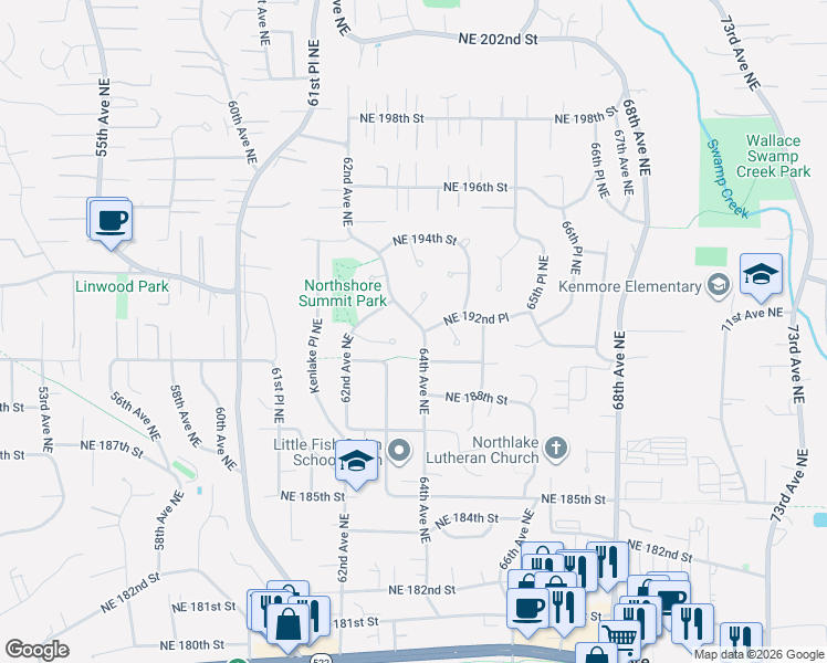 map of restaurants, bars, coffee shops, grocery stores, and more near 19210 63rd Avenue Northeast in Kenmore